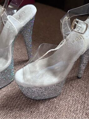 Pleaser Silver Glitter Platform Heels with Clear Straps 708LG